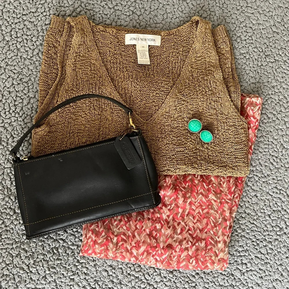 Styled Le Suit Skirt, Jones Sweater Tank, Coach Wristlet, Amrita Singh Earrings